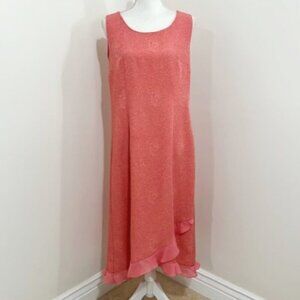 Miss Dorby Vintage Sleeves Floral Midi Shift Dress Coral Color w/ Ruffle Size 12